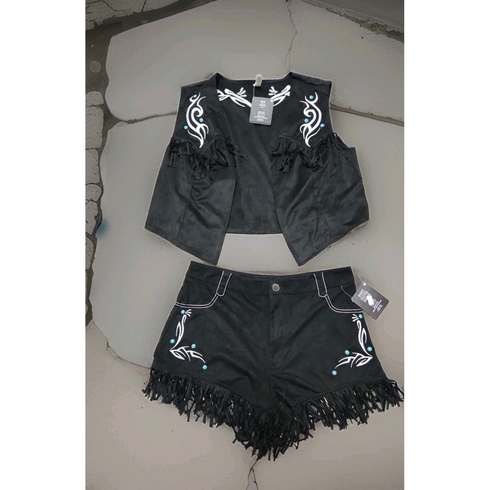 Amscan Black Faux Suede Cowgirl Costume Vest Shorts Fringe Set L/XL NWT